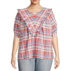 Terra & Sky Red Blue Plaid Ruffle Woven Short Sleeve Top 0X (14W)